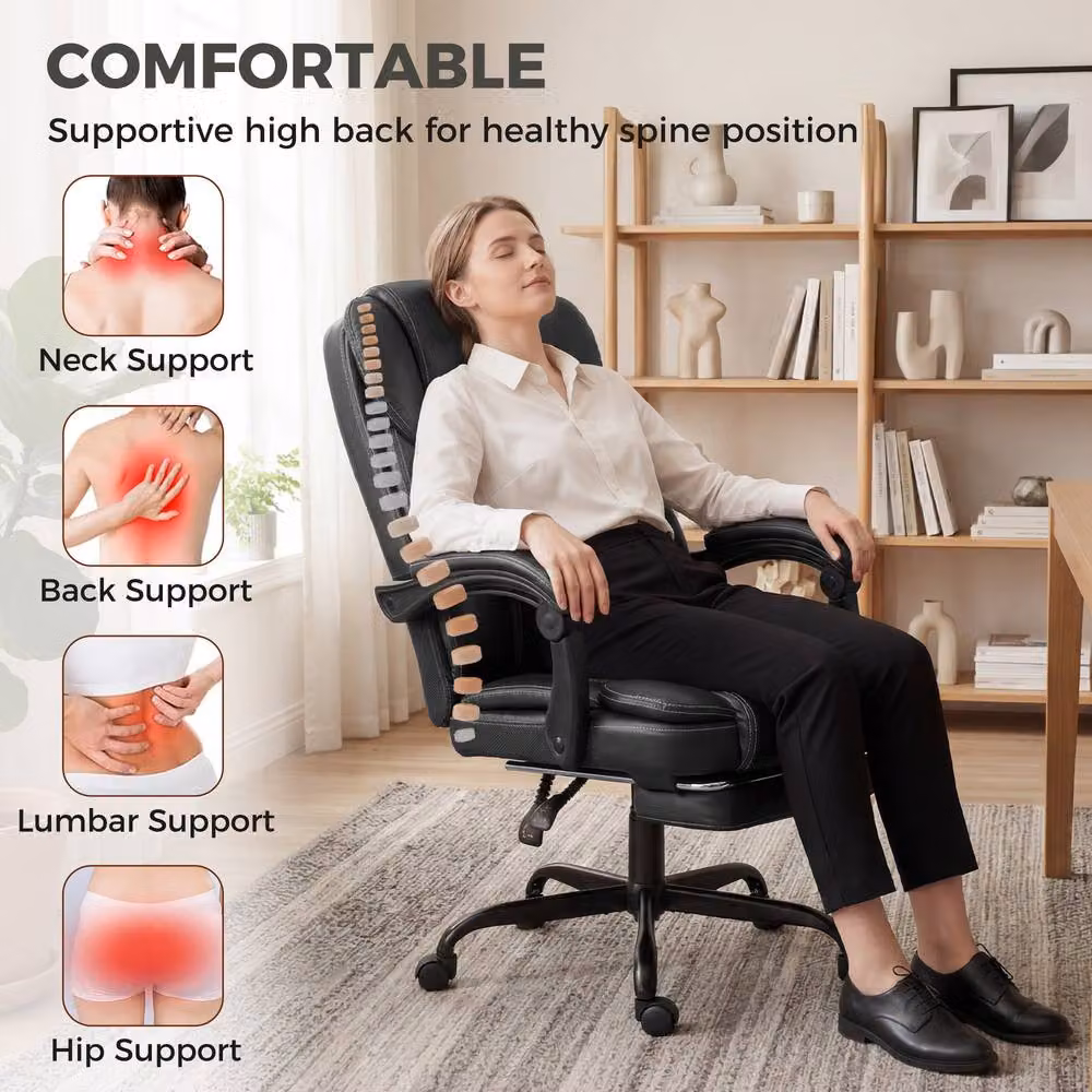 STILVORA Black Synthetic Leather Executive Office Chair with Recline, Footrest and Headrest – 6