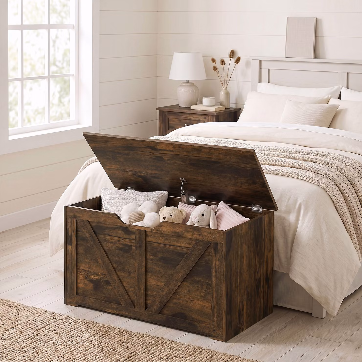 HOMCOM 100L Home Storage Box with Soft Close Lid in Rustic Brown Wood-Effect, W/D/H: 80 x 45 x 36 cm – 2