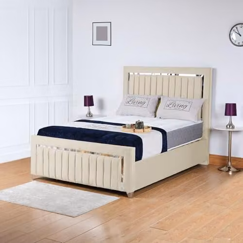 Living Comfort Bedz Zurich Plush Velvet Bed with Vertical Lined Headboard and Footboard and Silver Trim, Cream, 5FT King, W/D/H: 180 x 150 x 122 cm