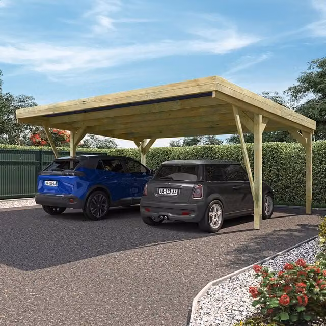 Cerland Victor Designer Double Wooden Carport in Brown with Polycarbonate Pent Roof