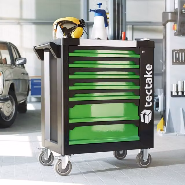 tectake Lockable and Rollable 1599 Piece Tool Trolley with Tools, Black