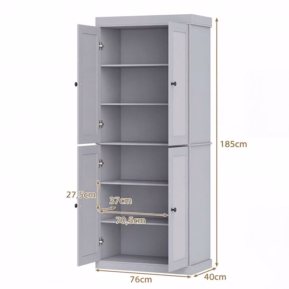 Gymax 4-Door Tall Freestanding Kitchen Pantry Cabinet in Grey with Soft-Close Hinged Doors and Internal Shelves, Height: 185 cm – 3