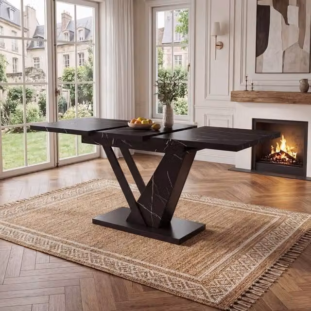 BTM Extendable Rectangular Dining Table in Black with Wood Grain Finish, W: 120 cm, D: 75 cm, H: 75 cm (Extends to 150 cm) – 1