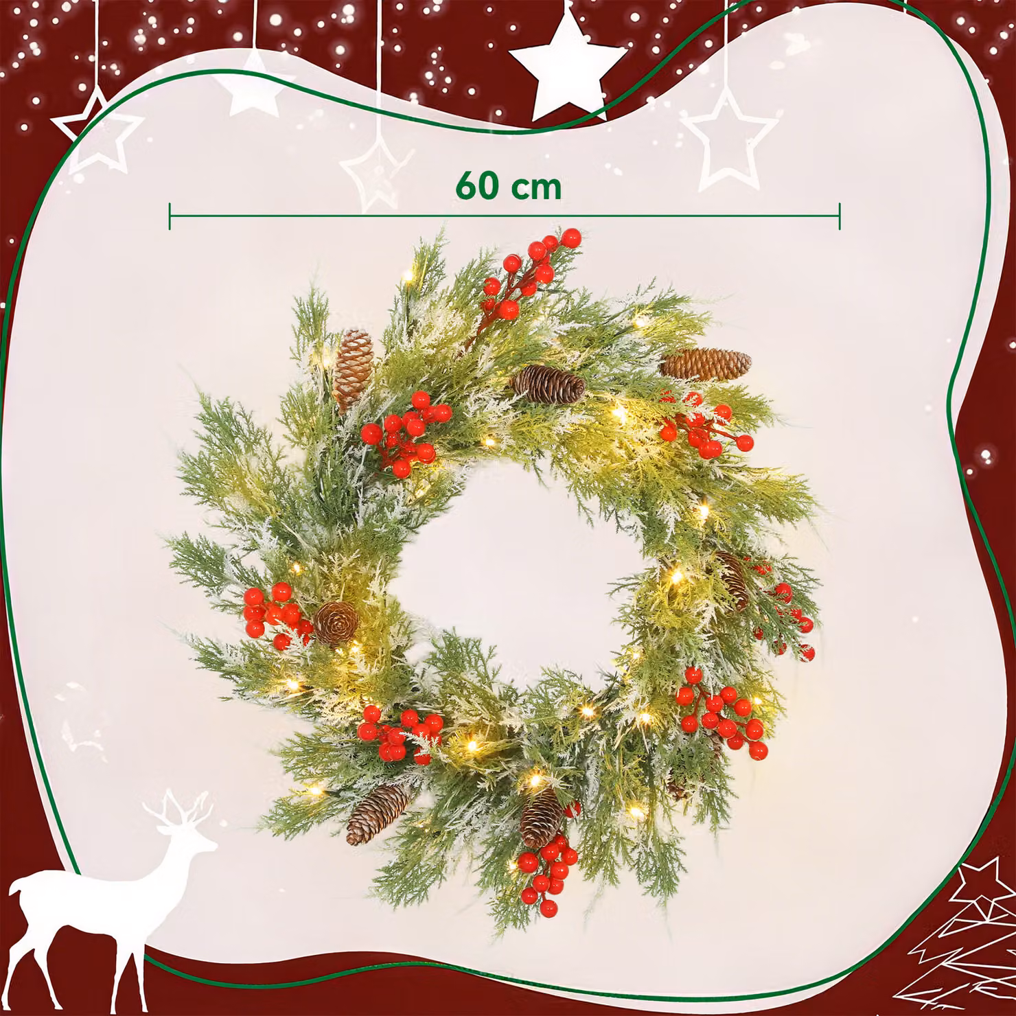 HOMCOM Green Prelit Christmas Door Wreath with 30 Warm White LEDs and Realistic Branches, 60 cm Diameter – 3
