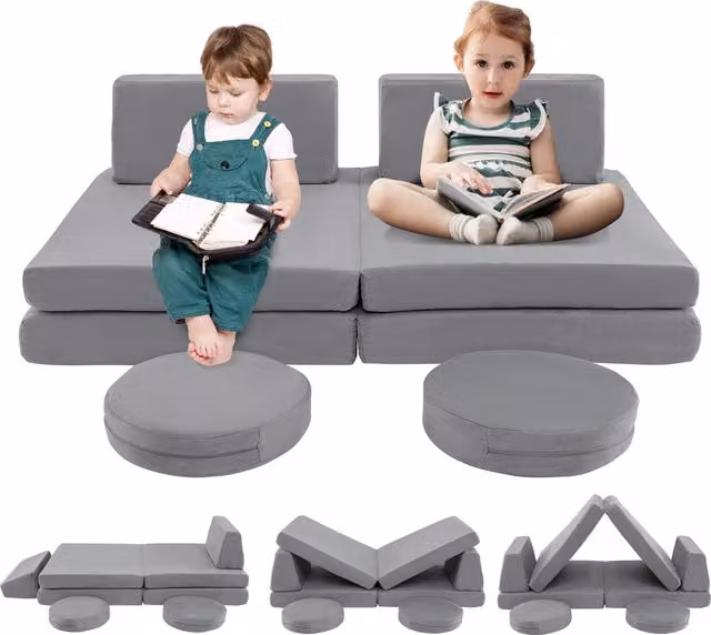 Costway 6 Piece Modular Kids Play Couch in Grey Velvet Foam