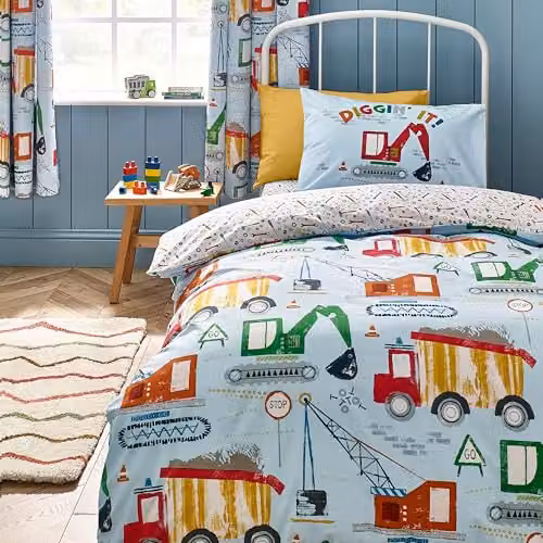 Catherine Lansfield Digger Dreams Reversible Kids Duvet Cover and Pillowcase Set, Blue, Duvet Cover: 200 x 200 cm, Pillowcase: 50 x 75 cm – 1