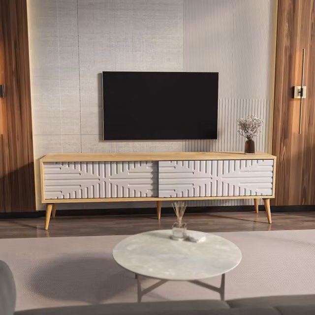 Decorotika Modern Geometric TV Unit in Oak, White and Orange