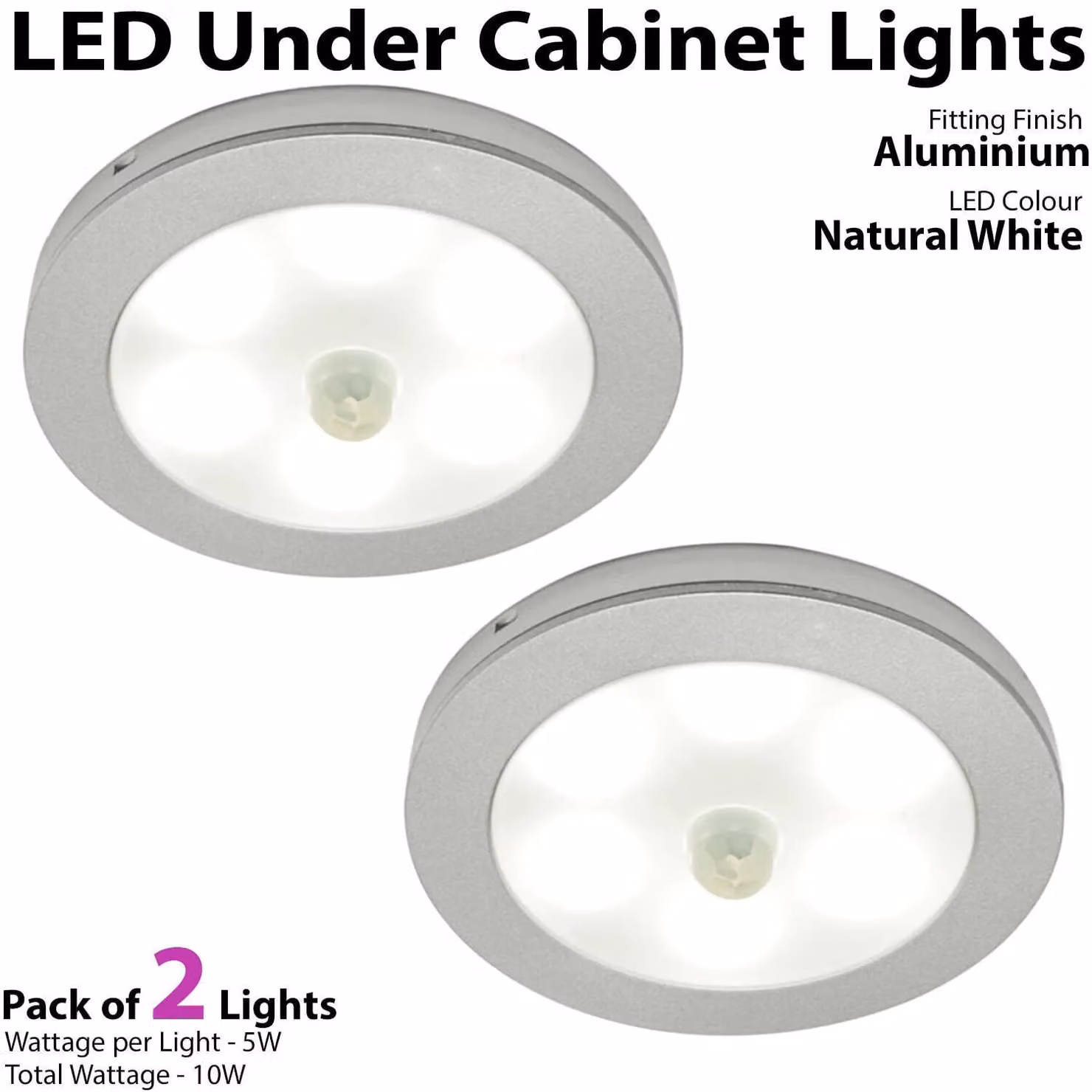Loops 2-Pack Aluminium Round Under Cabinet LED Lighting Kit with Motion Sensor and Driver in Silver or White – 2