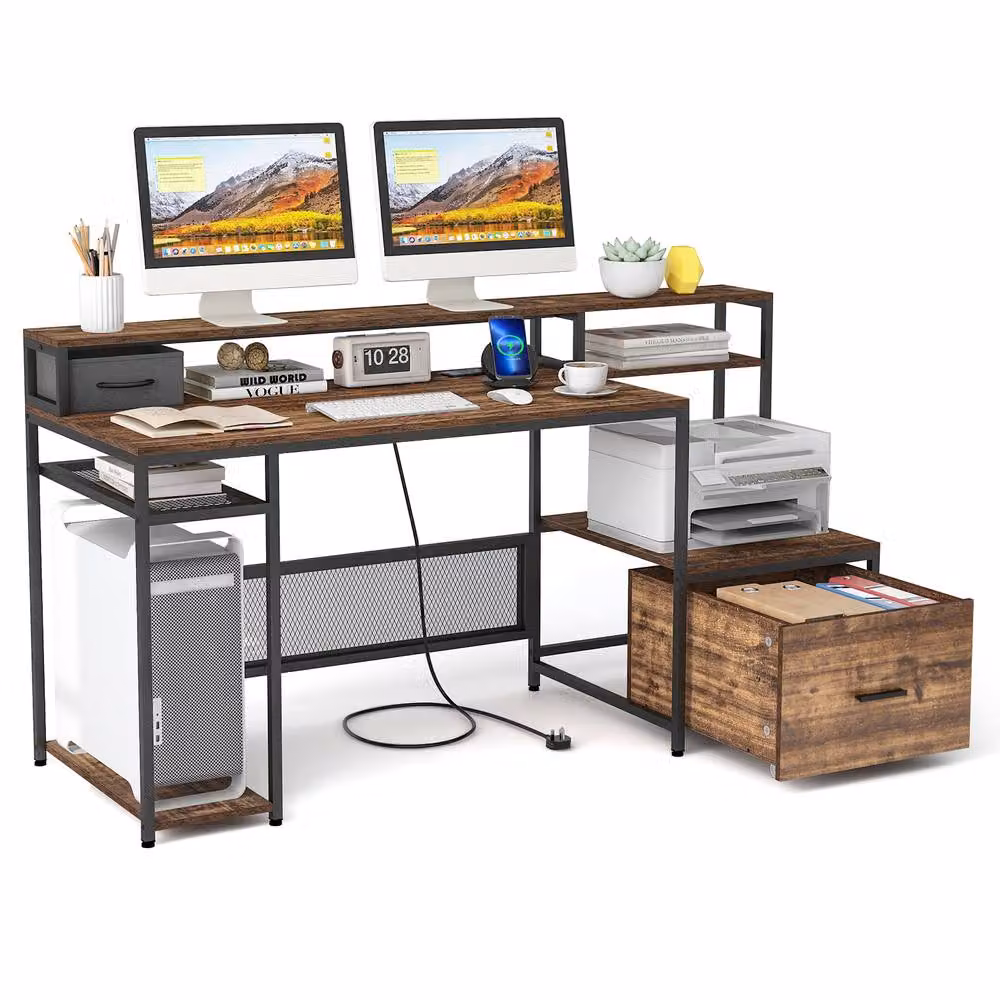 Costway Brown Computer Desk with Monitor Stand and File Drawer – 2