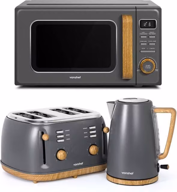 VonShef Fika Grey Microwave Kettle and Toaster Set