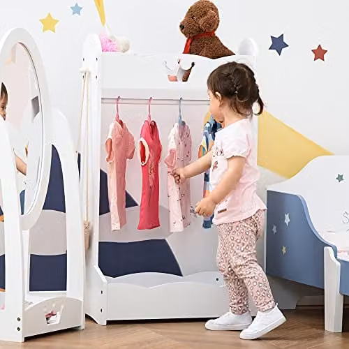 HOMCOM Kids Wood Clothes Rail and Hall Tree with Storage Shelves in White – 2