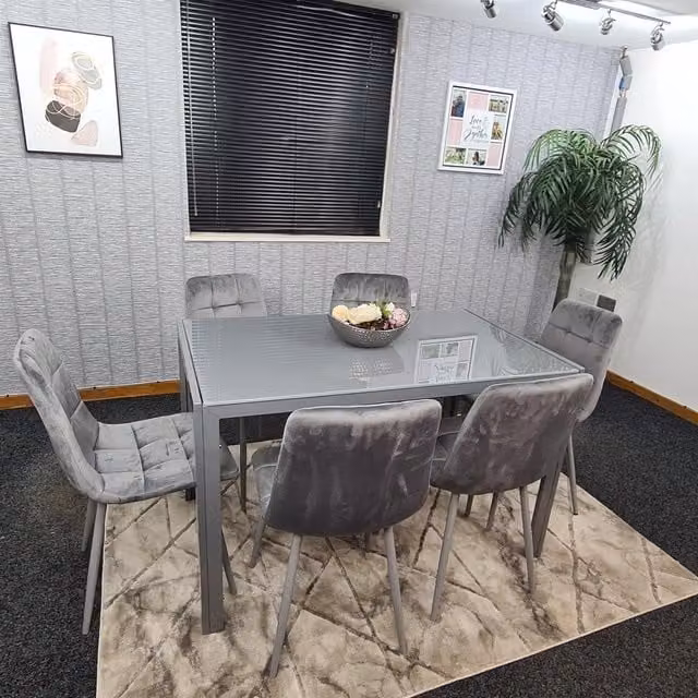 Kosy Koala Modern Rectangular Grey Glass Dining Table and 6 Grey Velvet Chairs Set in Brown – 1
