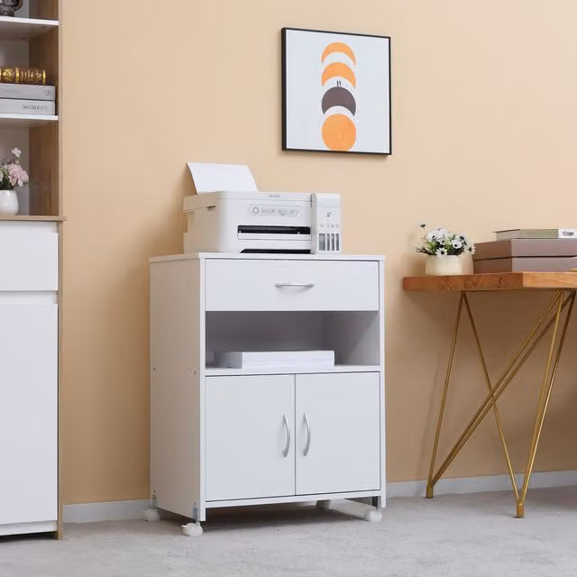 Vinsetto White Mobile Printer Cabinet with Doors, Drawers and Open Shelf