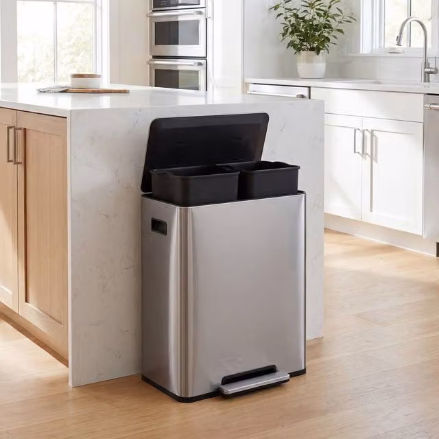 Costway 60L Stainless Steel Pedal Trash Can with 2 Removable Inner Buckets in Silver