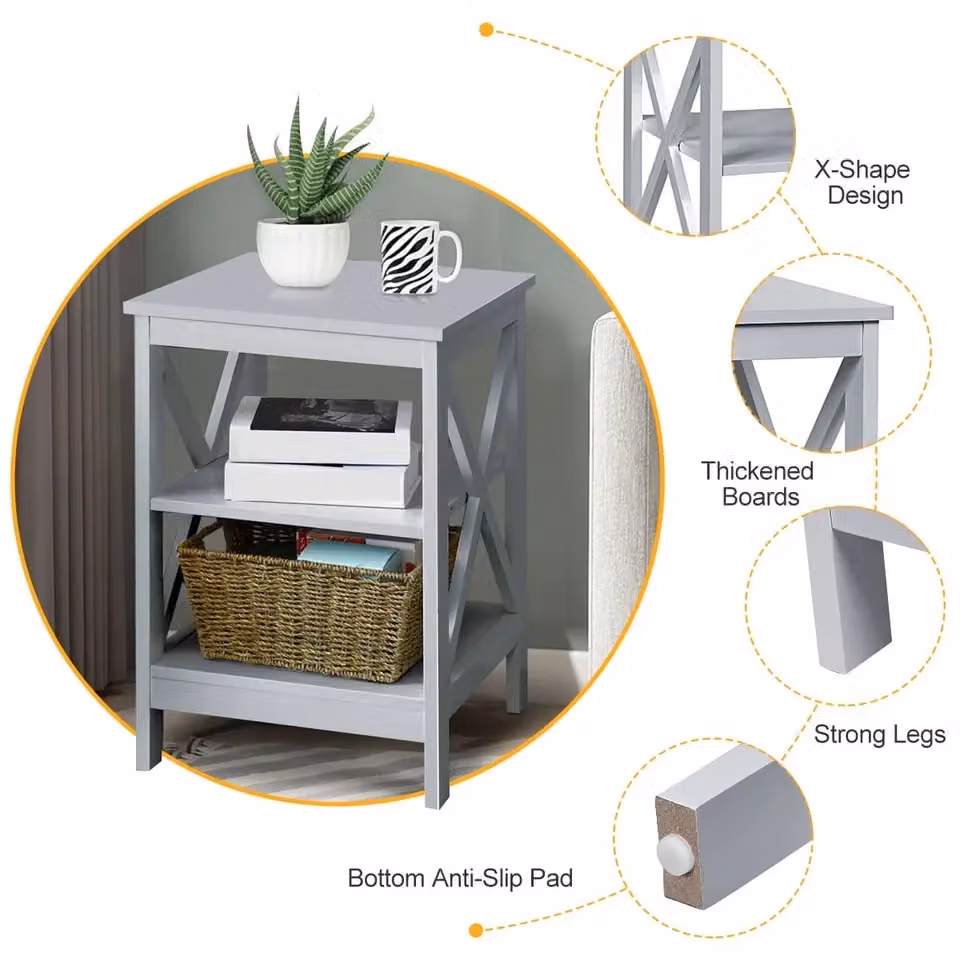 Costway 3-Tier Grey X-Design Nightstand and Side Table – 3