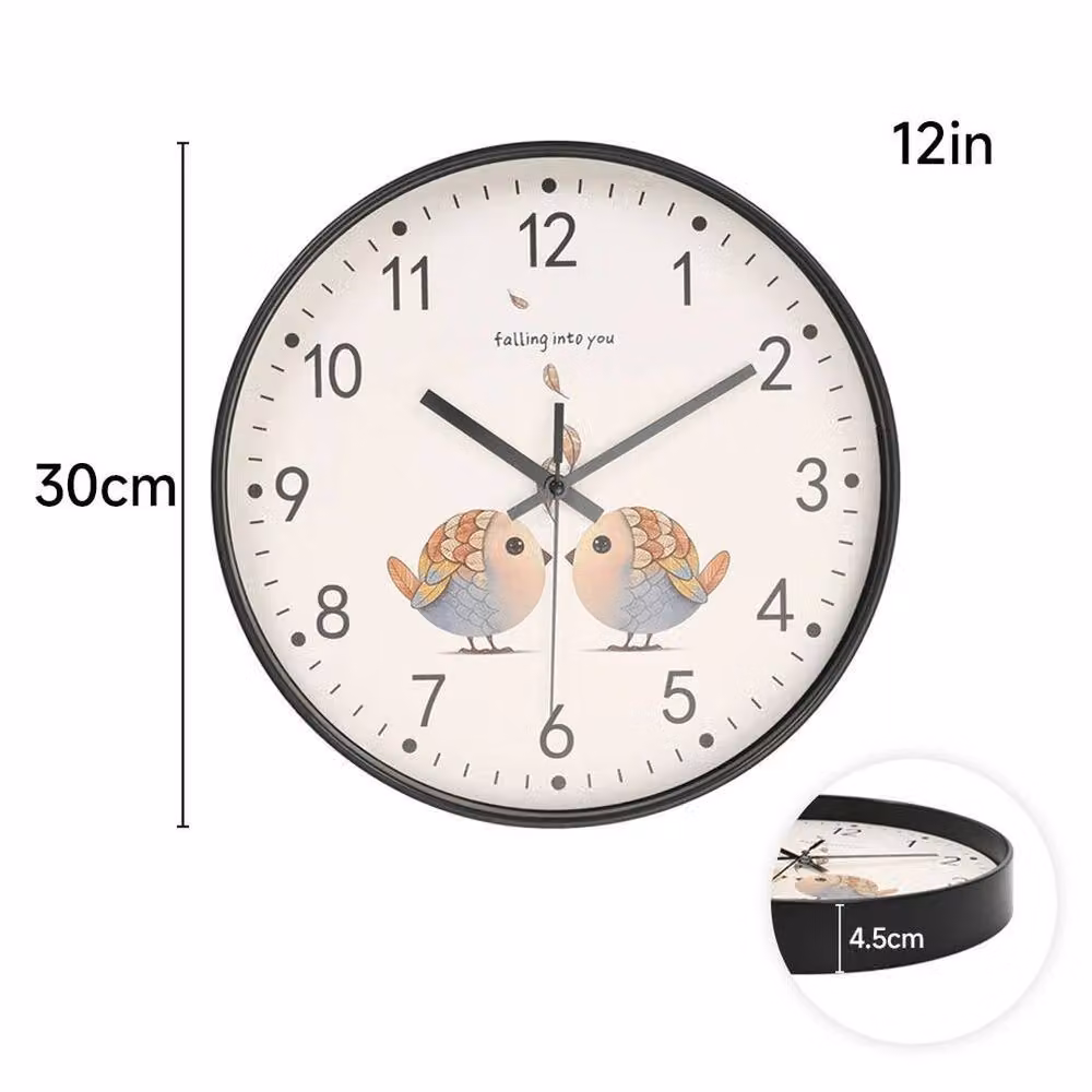 FORGEVIO Black Silent Analogue Wall Clock with Bird Dial Plate, Diameter: 30.48 cm – 2