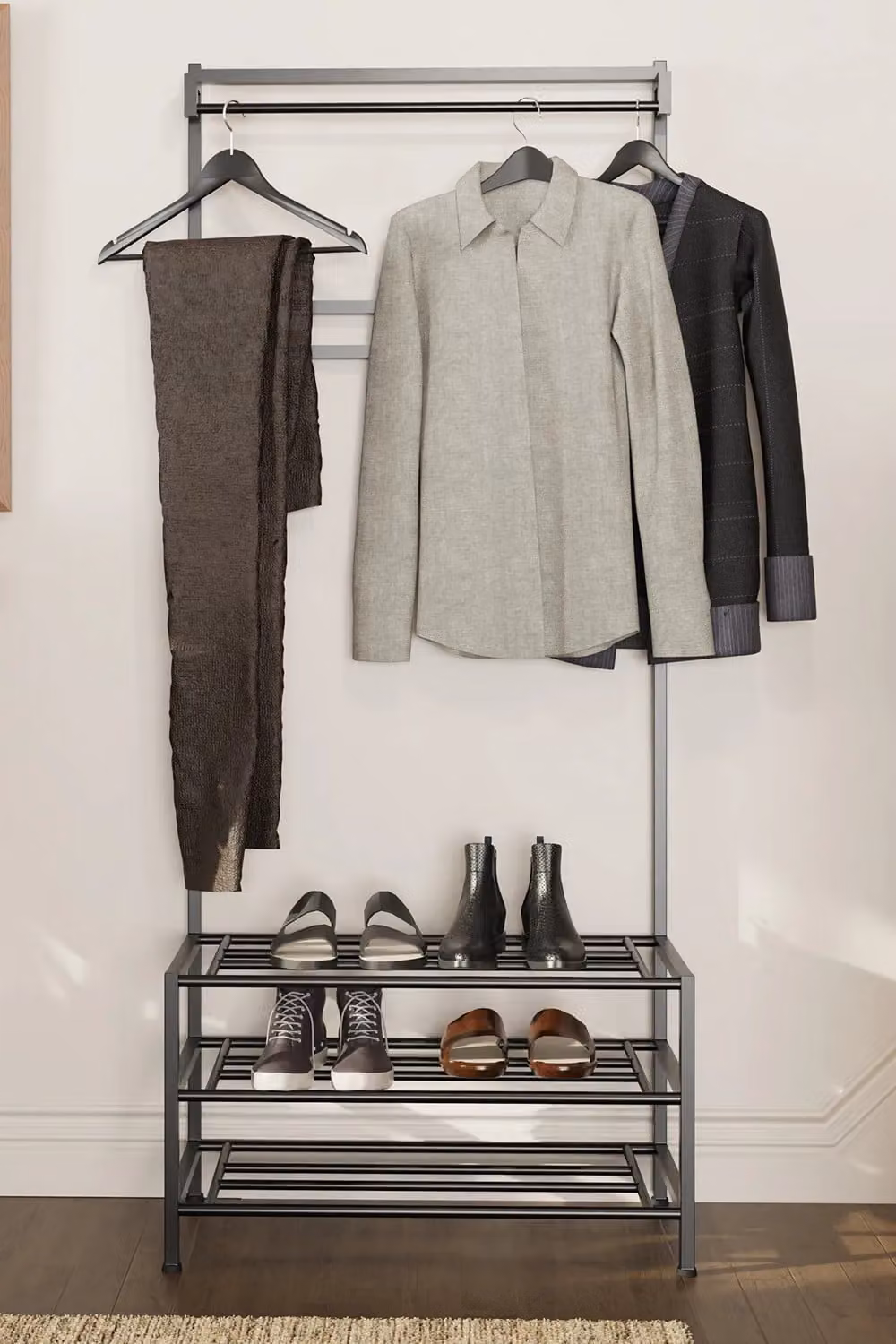 FWStyle 3 Tier Black Metal Hallway Coat and Shoe Rack with Rail, H 181.5 x W 77.0 x D 38.0 cm – 2
