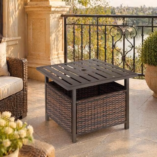 STILVORA Modern Brown Metal Outdoor Table with Storage and Parasol Hole