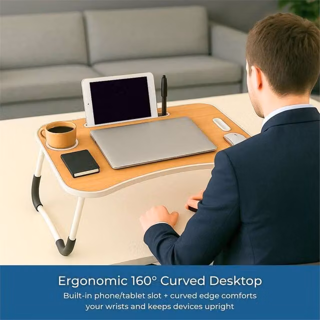 KORVIXA Foldable Portable Laptop Table in Brown Walnut, W: 60 cm, D: 40 cm, H: 28 cm – 1