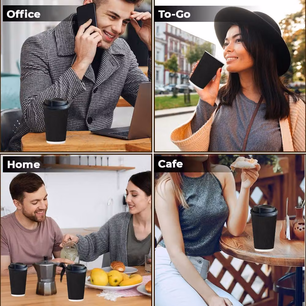 ECONX 200 Pack Disposable Kraft Ripple Paper Coffee Cups with Lids, Black, 16oz – 8