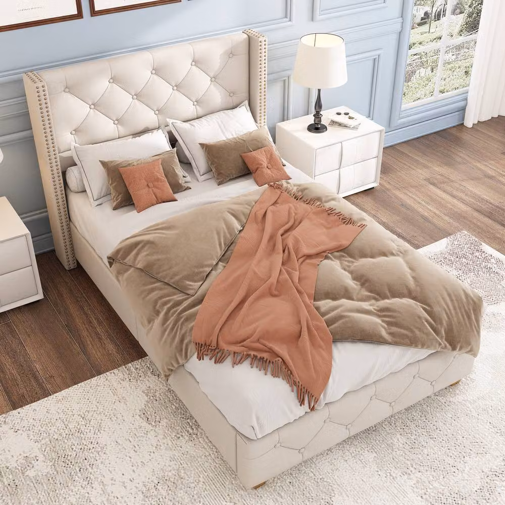 Merax Single Upholstered Velvet Bed with Chesterfield Button Headboard in Beige, W/D/H: 90 x 190 cm – 2