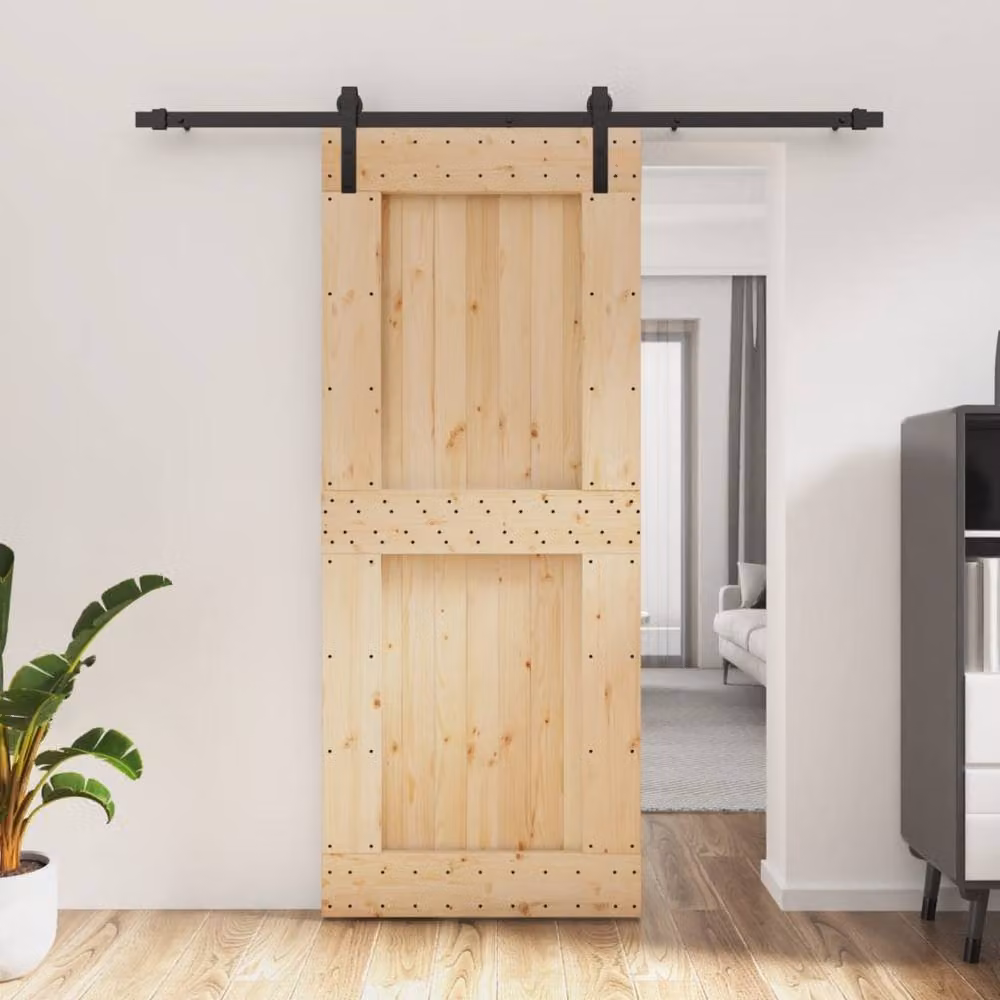 Berkfield Home Modern Sliding Door with Hardware Set, Solid Pine Wood, Light Brown, W: 85 cm, H: 210 cm – 2