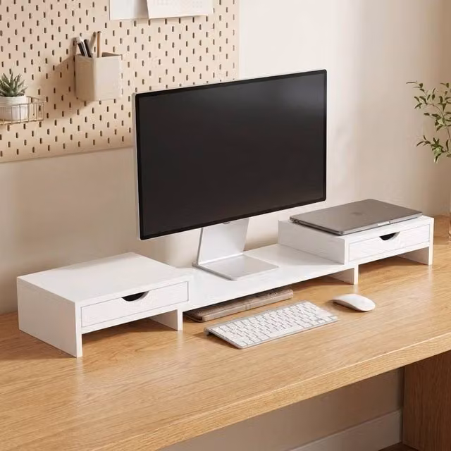 STILVORA Adjustable Monitor Stand Riser with 2 Drawers, White – 1