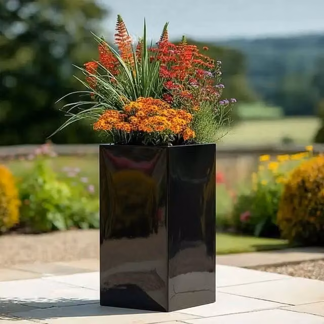 Woven Wood Tall Square Planter in Black with Galvanised Steel and Wood, Height: 75 cm, Width: 32 cm, Depth: 32 cm