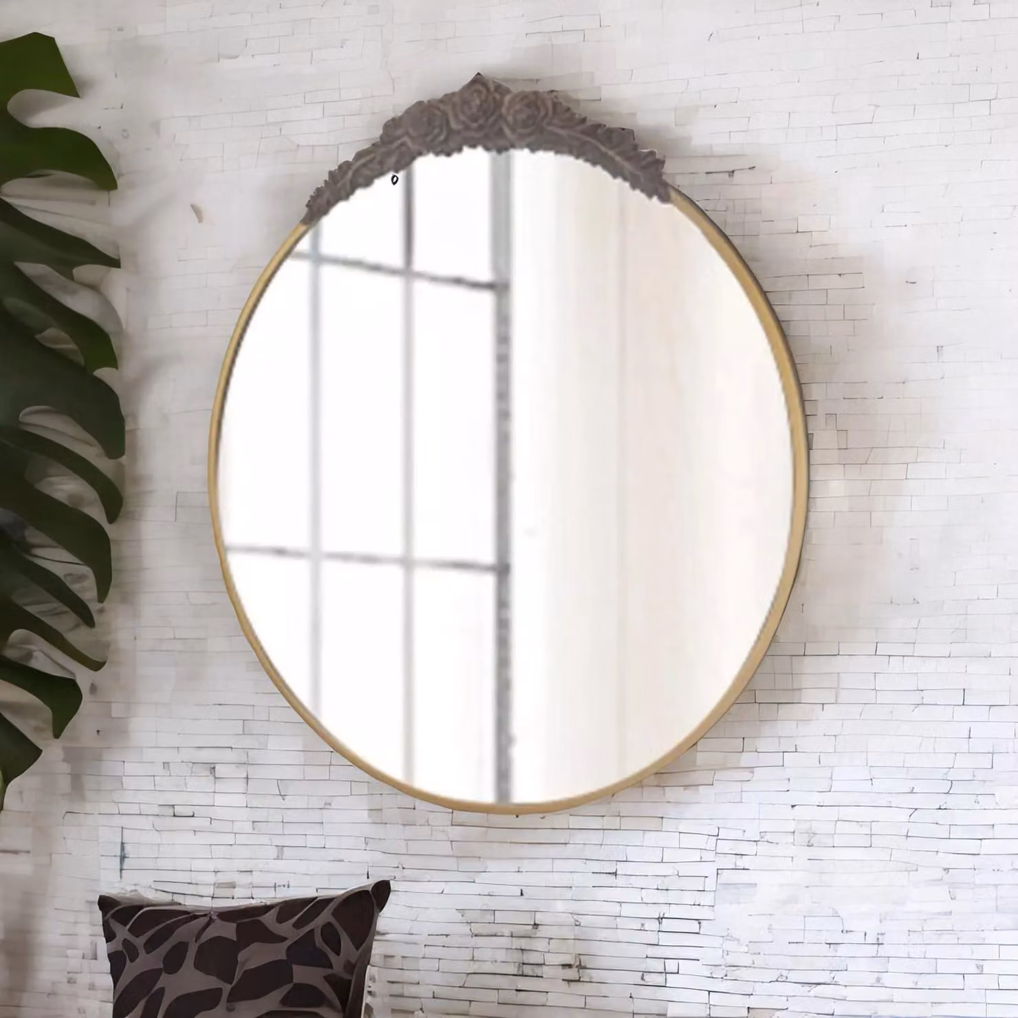 FURNOS Gold Embossed Retro Round Wall Mirror with Floral Design, Diameter: 80 cm – 2