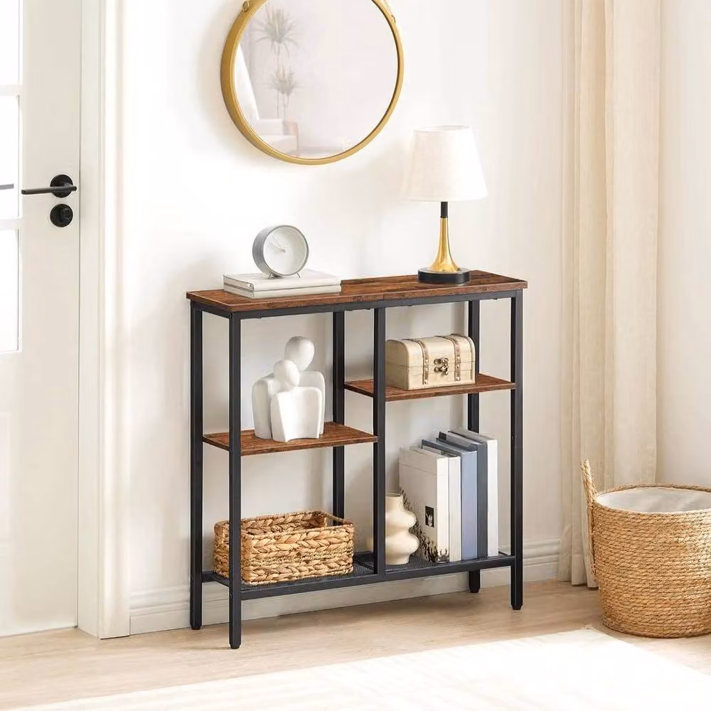 FLAVORA 4-Tier Industrial Wood Storage Console Sofa Table in Brown, W: 75 cm, D: 22 cm, H: 76 cm – 4