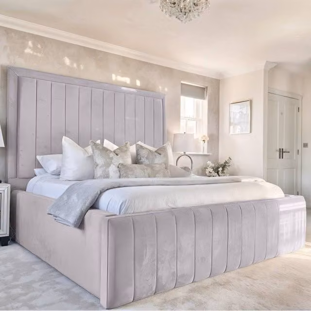 Living Comfort Bedz Geneva Silver Velvet Upholstered Bed Frame with Lift Up Base, W/D/H: 120 x 200 cm