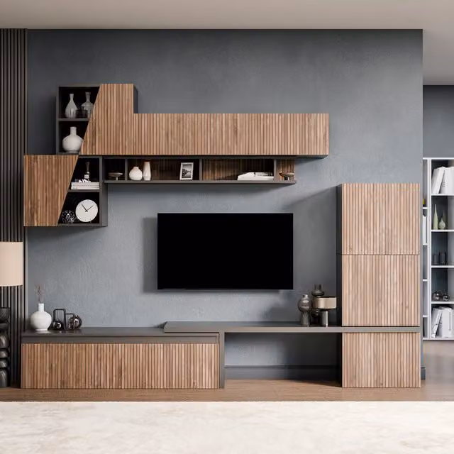 Decorotika Versailles Wall Mounted Entertainment Center in Black and Alina Pattern