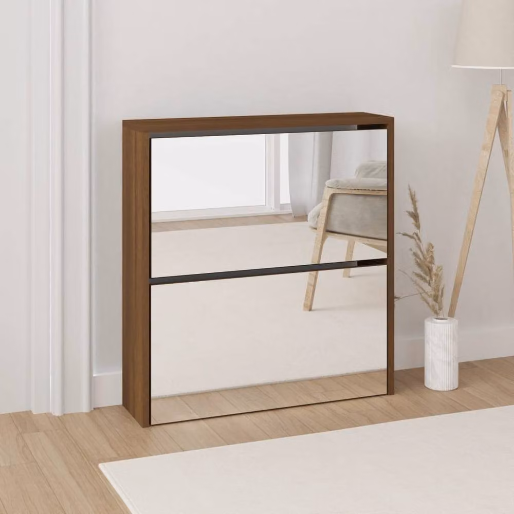 Berkfield Home Modern 2-Layer Shoe Cabinet with Mirror in Brown Oak, W: 63 cm, D: 17 cm, H: 67 cm – 2