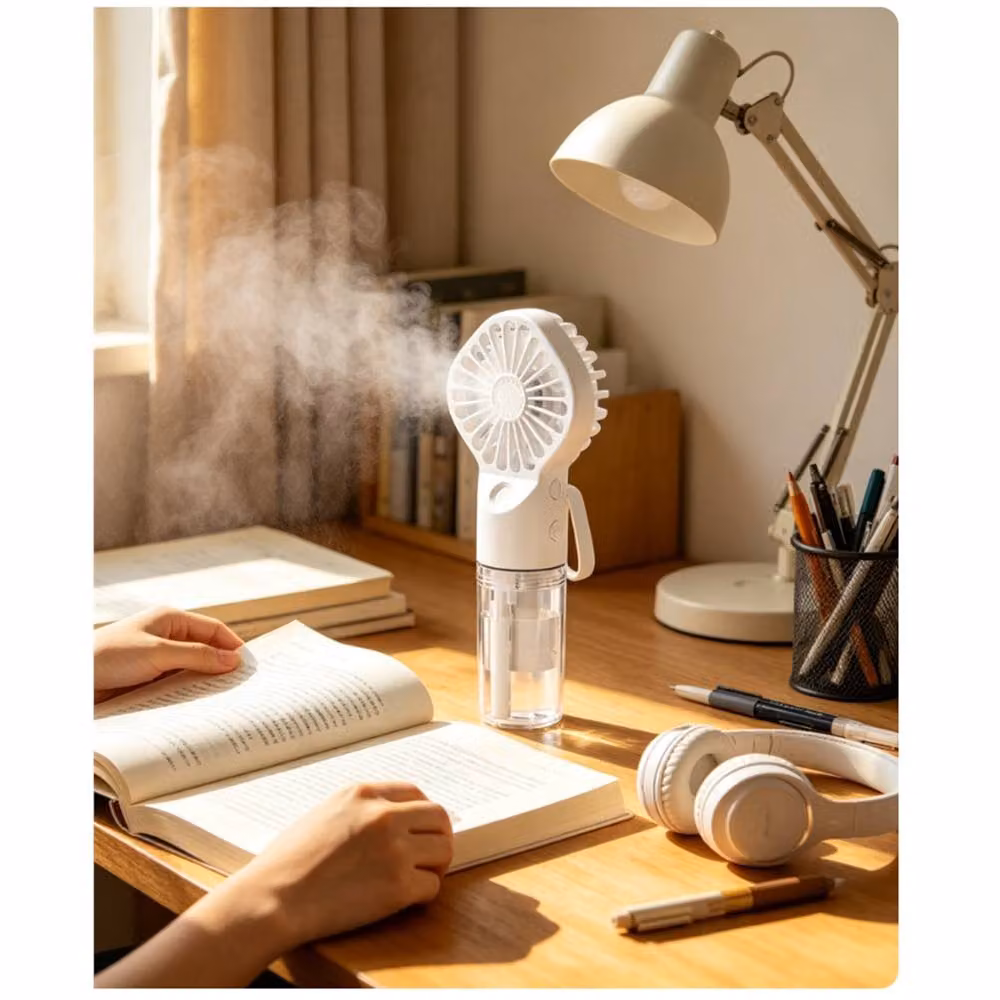 FLAVORA White USB Rechargeable Handheld Mist Cooling Mini Fan – 4