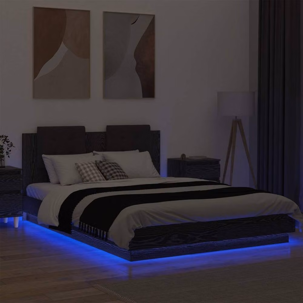 Berkfield Home Modern Black Oak Bed Frame with Headboard and Under-Bed Lighting, W/D/H: 150 x 200 cm, Engineered Wood – 4
