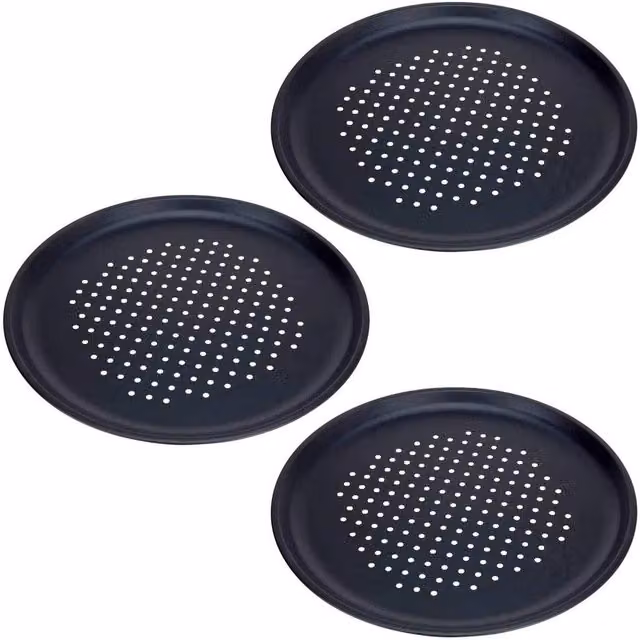 NESTLUNE Set of 3 Black Non-Stick Round Carbon Steel Pizza Trays, Diameter: 32 cm