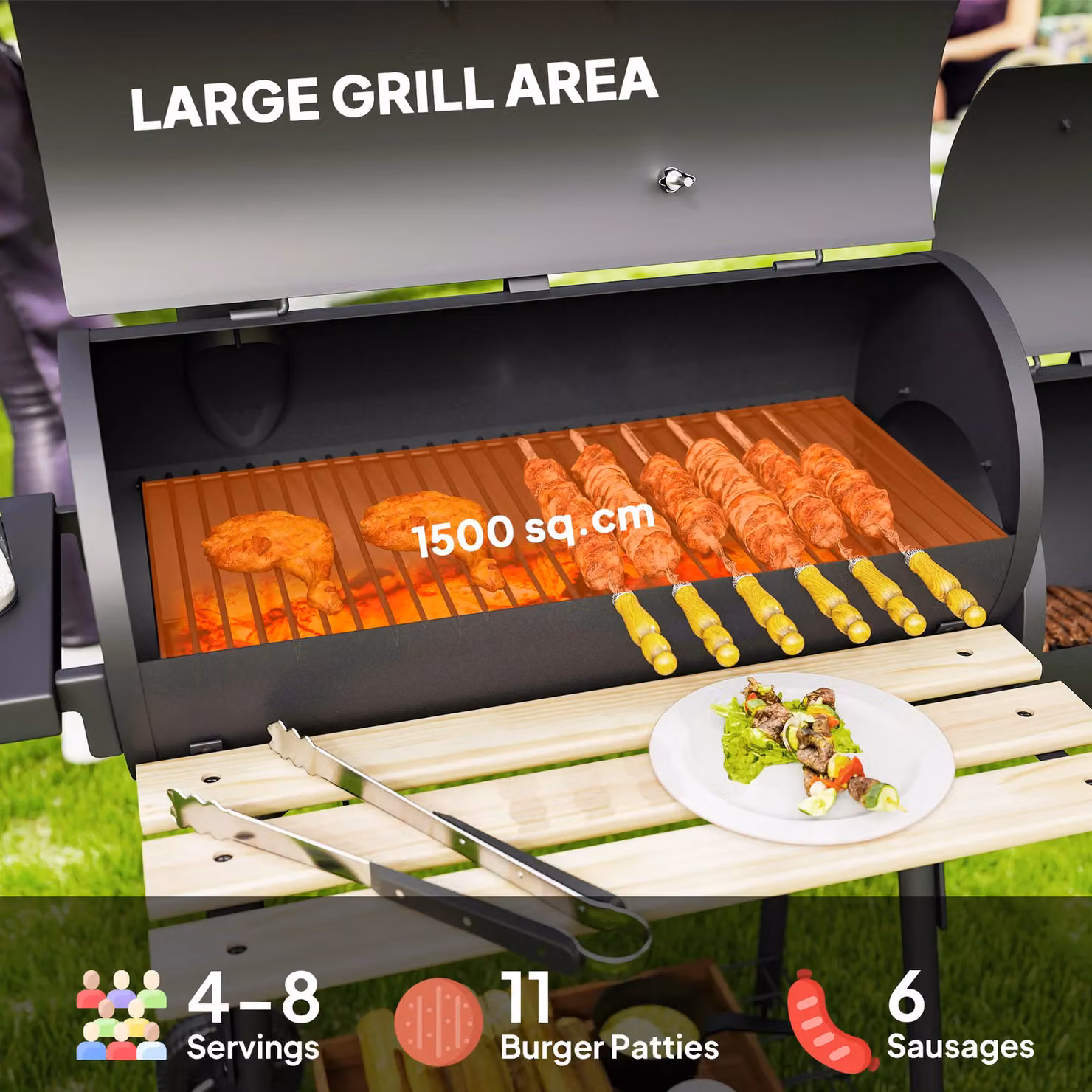 Outsunny Portable Charcoal BBQ Grill and Steel Offset Smoker Combo with Thermometer and Wheels, Black, W/D/H: 124 x 53 x 104 cm – 6