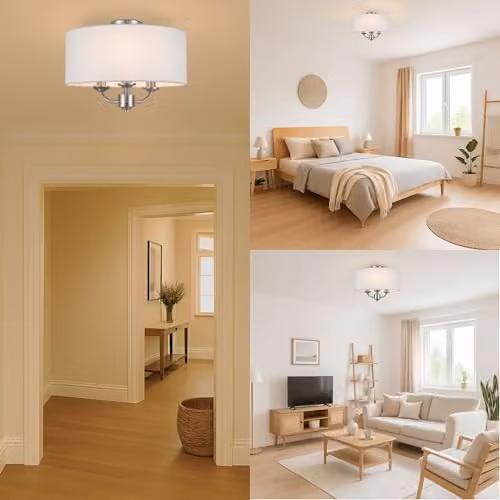 Cosylyte Winston 3-Light Semi Flush Ceiling Light with Silver Base and Beige Fabric Drum Shade, E14 LED Compatible – 6