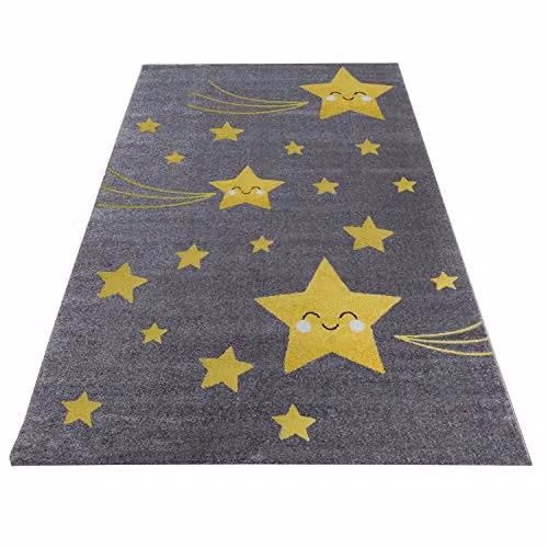 Bravich Yellow Stars Kids Rug, W: 160 cm, D: 230 cm, Grey and Yellow Polypropylene Anti-Allergic Childrens Rug – 2