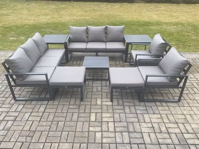 Fimous Aluminium Outdoor Garden Lounge Sofa Set in Dark Grey with Coffee Table, 2 Armchairs, 2 Side Tables and 2 Ottomans