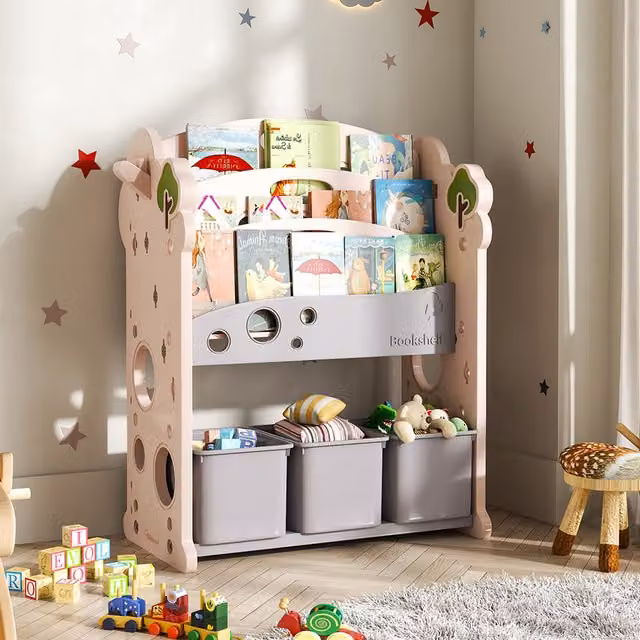 Livingandhome Childrens Toy Storage Organiser with Bins and Bookshelves in White or Pink