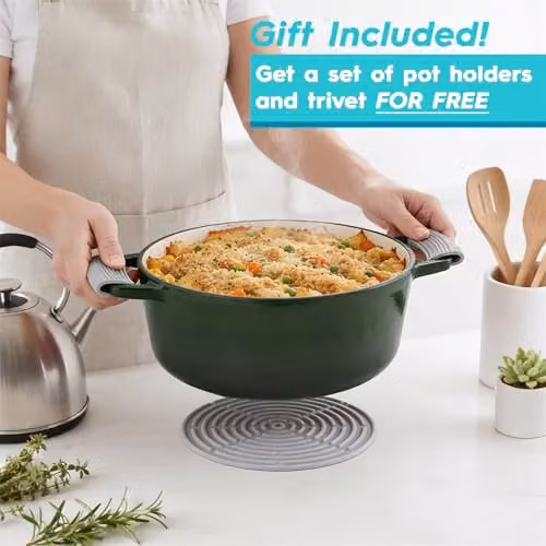 Argon Tableware Oval Enamelled Cast Iron Casserole Dish with Self-Basting Lid, Green, 4.68 l – 6