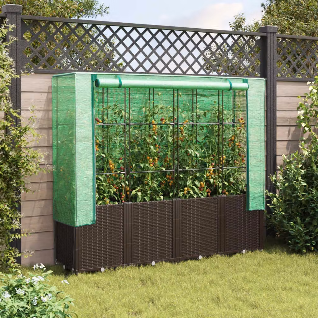 Berkfield Home Raised Bed with Greenhouse Cover in Brown Rattan Look, W/D/H: 160 x 40 x 153 cm – 2