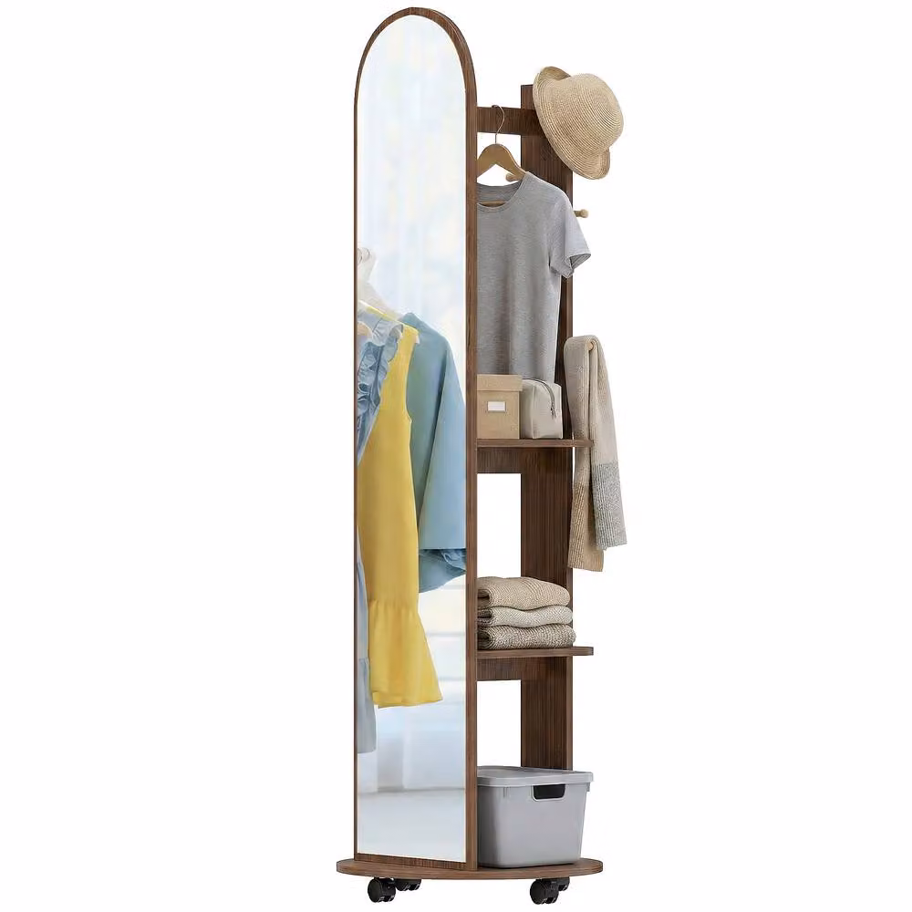 Rolipo 2-in-1 Full Length Mirror with Storage, Wheels and Coat Hooks in Brown – 2