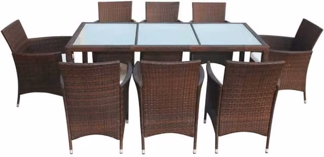 Berkfield Home 9 Piece Brown Poly Rattan Outdoor Dining Set with Cushions
