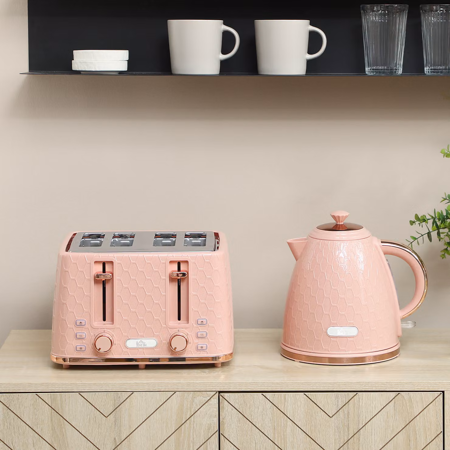 HOMCOM Kettle and Toaster Set in Light Pink, including 1.7L 3000W Fast Boil Jug Kettle and 4 Slice Toaster with 7 Browning Levels – 2
