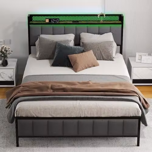 Levede Upholstered Double Bed Frame in Grey with LED Lighting, USB Charging Ports and Side Compartments, W/H: 140 x 200 cm