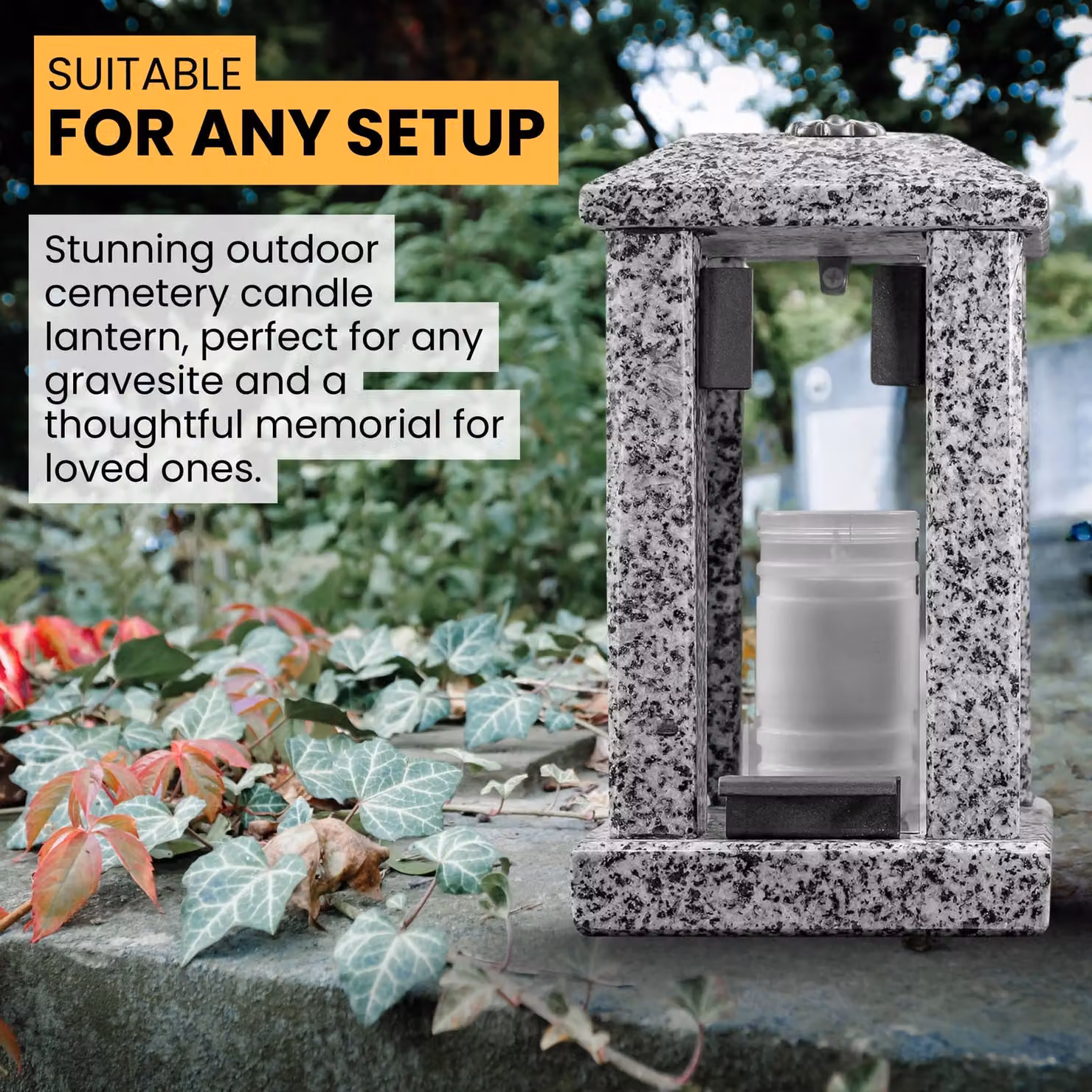 Novecrafto Polished Grey Granite Memorial Candle Lantern with Floral Decor, Height: 32 cm – 5