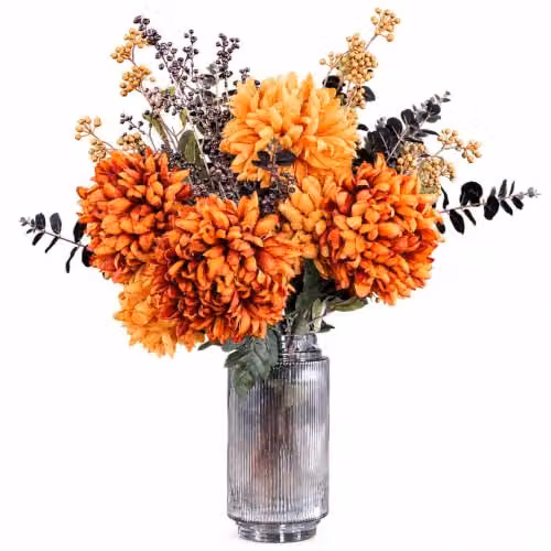 Leaf Design Orange and Black Autumn Floral Arrangement with Round Glass Vase, Height: 65 cm