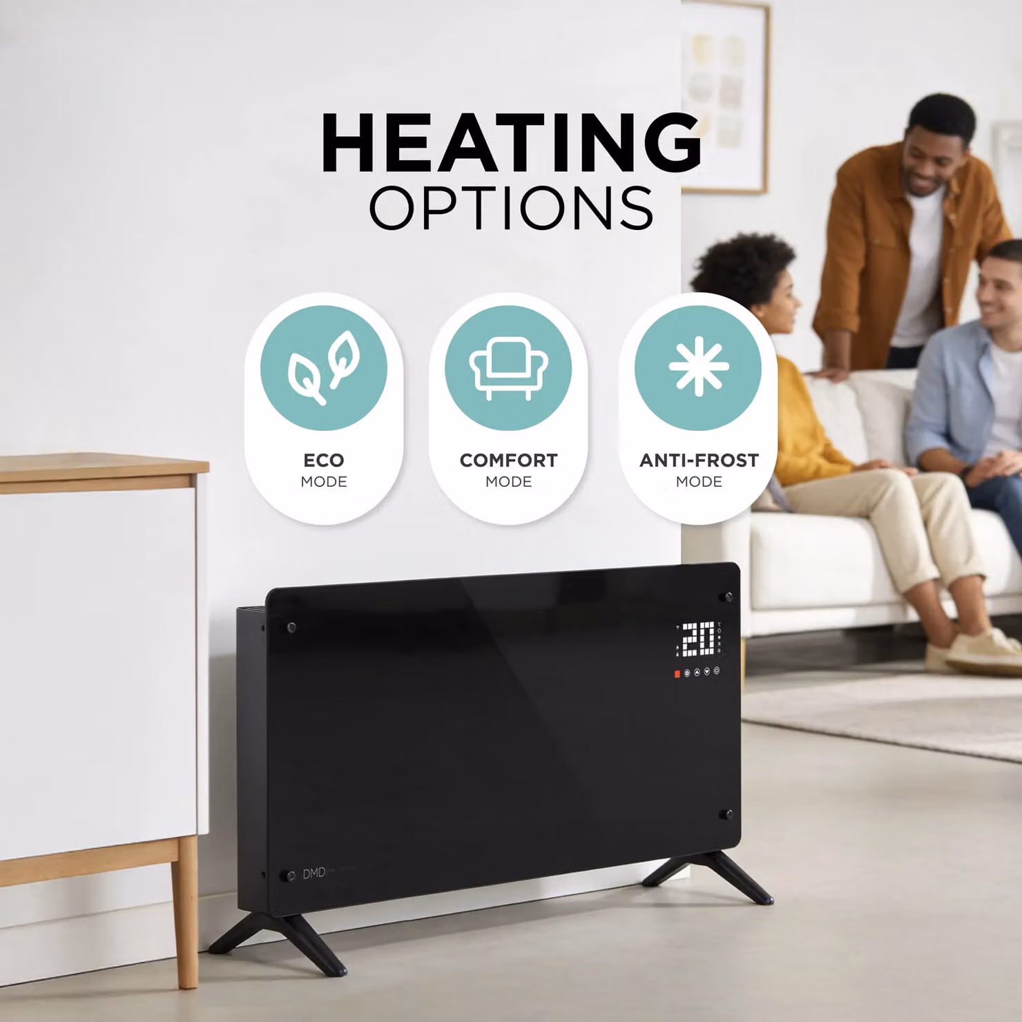 DMD Collective Smart Wi-Fi Glass Panel Heater with Touchscreen, 2000W, Black, Freestanding or Wall-Mounted – 3